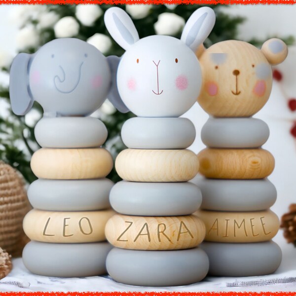 Benutzerdefiniertes Stapelspielzeug aus Holz - Löwe, Elefant, Teddy, Hase Designs - Montessori Baby Geschenk zum Geburtstag oder zur Taufe - KOSTENLOSE Lieferung