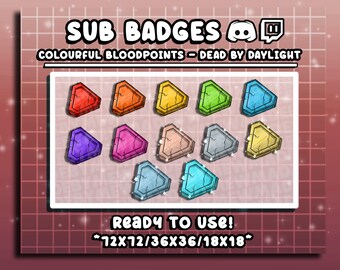 May include: A graphic featuring colorful, stylized badges with a cracked, stone-like texture. The badges are in various colors, including red, orange, yellow, green, and blue. Text at the top reads "SUB BADGES" and "COLOURFUL BLOODPOINTS - DEAD BY DAYLIGHT".