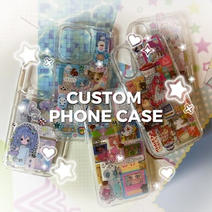 May include: Clear phone cases with custom designs. The cases feature colorful stickers and illustrations, including anime characters, animals, and Japanese text. The phrase "CUSTOM PHONE CASE" is displayed in white text.