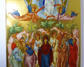 May include: A religious icon depicting the Ascension of Jesus Christ. The icon features a gold background with a central image of Jesus ascending to heaven, surrounded by angels. Below, a group of disciples look up at Jesus, with the Virgin Mary at the center. The icon is painted in a traditional style with vibrant colors.