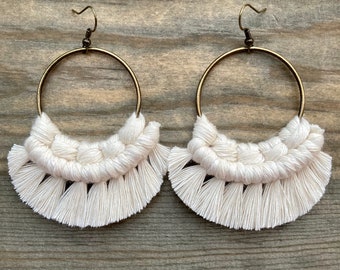 Natural Fringe Earrings. Beige Macrame Earrings. Large Earrings. Knotted Fringe Earrings. Boho Fashion.