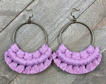 Dusty Pink Macrame Earrings. Pink Fringe Earrings. Large Pink Earrings. Knotted Fringe Earrings. Boho Fashion.