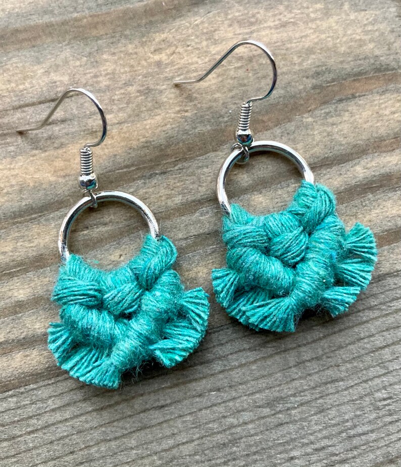 Micro Macrame Fringe Earrings. Mini Teal Fringe Earrings. Small Teal Macrame Earrings. Boho Fashion. Statement Earrings. image 2