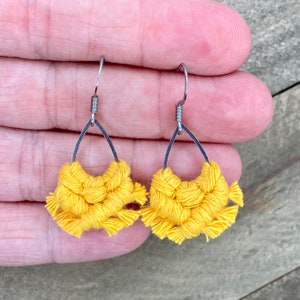 Mini Macrame Bright Yellow Teardrop Fringe Earrings. Mini Yellow Fringe Earrings. Small Yellow Earrings. Mini Yellow Statement Earrings. image 5