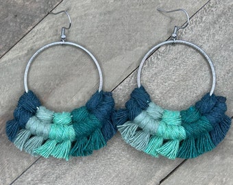 Green Macrame Earrings. Multicolored Fringe Earrings. Knotted Fringe Earrings. Large Statement Earrings.