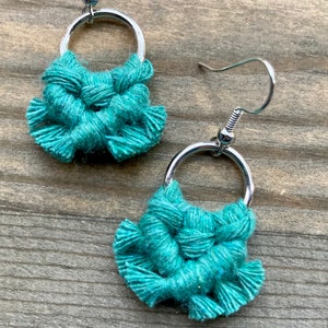 Micro Macrame Fringe Earrings. Mini Teal Fringe Earrings. Small Teal Macrame Earrings. Boho Fashion. Statement Earrings. image 3