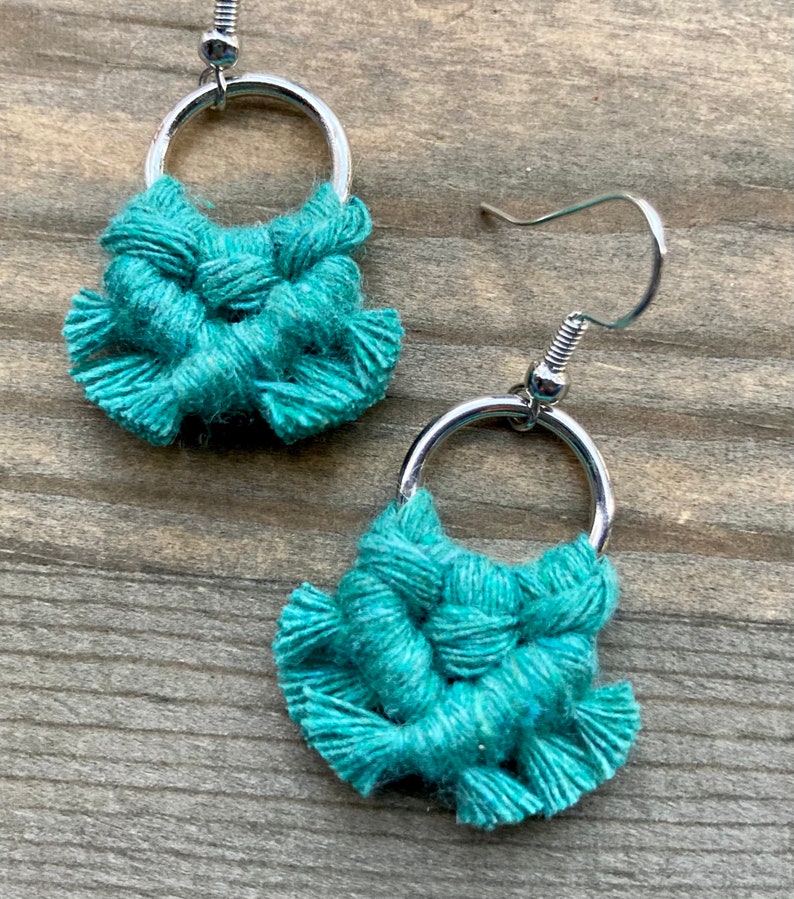 Micro Macrame Fringe Earrings. Mini Teal Fringe Earrings. Small Teal Macrame Earrings. Boho Fashion. Statement Earrings. image 3