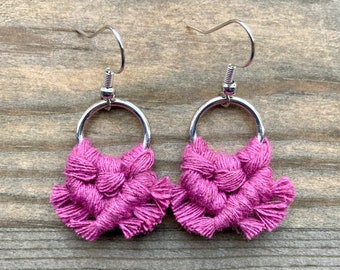 Micro Macrame Pink Fringe Earrings. Mini Berry Pink Fringe Earrings. Small Pink Macrame Earrings. Mini Pink Statement Earrings.