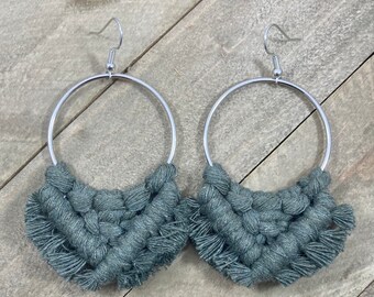 Army Green Fringe Earrings. Green Macrame Fringe Earrings. Green Fringe Hoop Earrings. Green Statement Earrings.