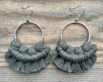 Army Green Macrame Earrings. Green Macrame Fringe Earrings.  Knotted Green Fringe Earrings. Small Statement Earrings. Boho Earrings.