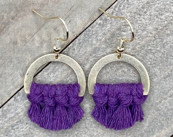 Purple Earrings. Brass Fringe Earrings. Purple Macrame Earrings. Macrame Fringe Earrings. Knotted Fringe Earrings. Small Statement Earrings.