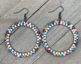 Boho Hoop Earrings. Beaded Hoop Earrings. Macrame Earrings. Boho Statement Earrings.