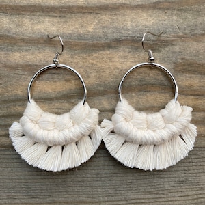 Boho Macrame Hoop Earrings, Knotted Fringe Design