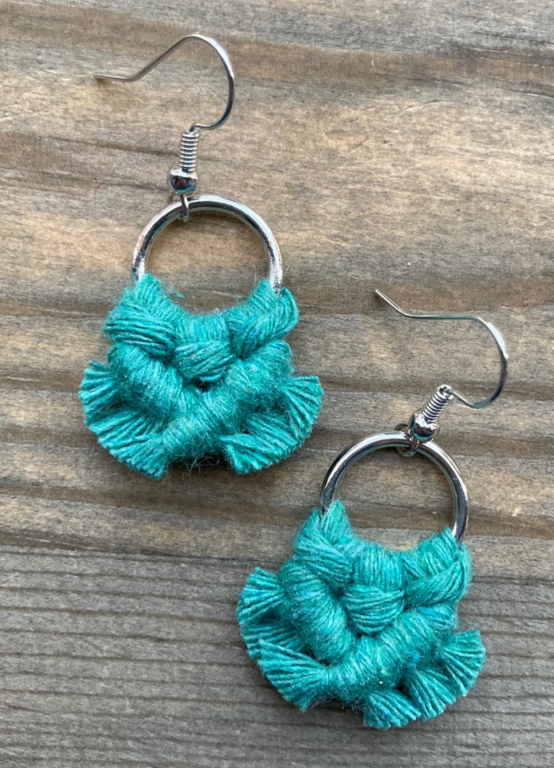 Micro Macrame Fringe Earrings. Mini Teal Fringe Earrings. Small Teal Macrame Earrings. Boho Fashion. Statement Earrings. image 4