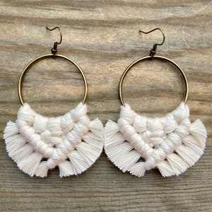 Macrame Fringe Hoop Earrings - Natural Cotton, Boho Statement Jewelry