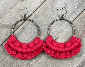 Red Fringe Earrings. Red Macrame Earrings. Large Earrings. Knotted Fringe Earrings. Boho Fashion.