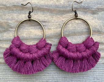 Plum Purple Macrame Earrings. Plum Fringe Earrings.  Purple Knotted Fringe Earrings. Plum Purple Statement Earrings. Purple Boho Earrings.