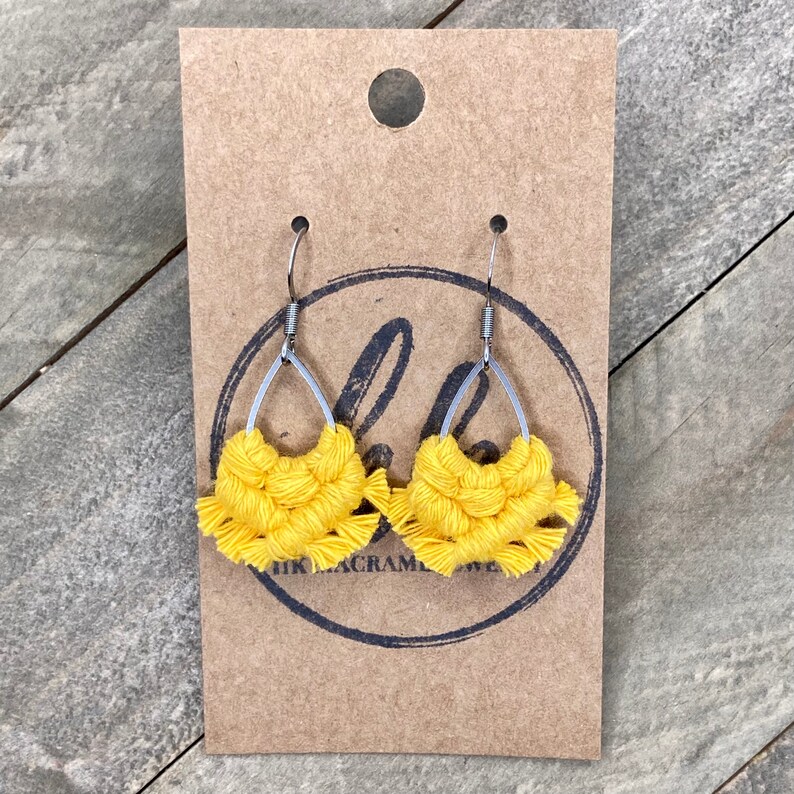 Mini Macrame Bright Yellow Teardrop Fringe Earrings. Mini Yellow Fringe Earrings. Small Yellow Earrings. Mini Yellow Statement Earrings. image 6