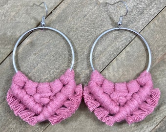 Bubblegum Pink Fringe Earrings. Pink Macrame Fringe Earrings. Pink Fringe Hoop Earrings. Pink Statement Earrings.