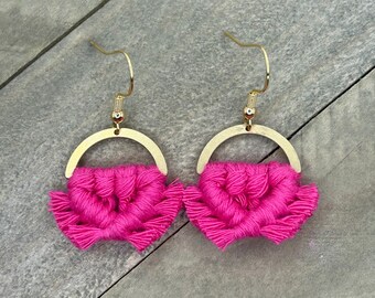 Hot Pink Fringe Earrings. Minimalist Earrings. Pink Macrame Earrings. Knotted Fringe Earrings. Small Statement Earrings.