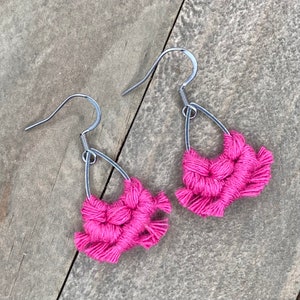 Mini Hot Pink Macrame Earrings. Mini Pink Fringe Earrings. Small Pink Earrings. Mini Hot Pink Statement Earrings. image 2