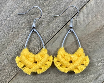 Micro Macrame Bright Yellow Teardrop Fringe Earrings. Mini Yellow Fringe Earrings. Small Yellow. Mini Yellow Statement Earrings.