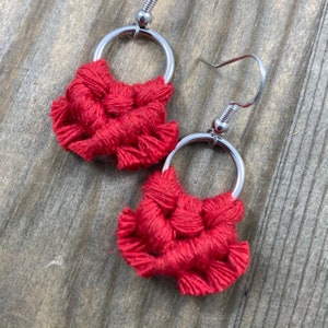 Micro Macrame Fringe Earrings. Mini Red Fringe Earrings. Small Red Macrame Earrings. Boho Fashion. Statement Earrings. image 3