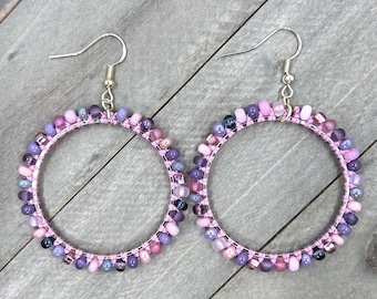 Pink Hoop Earrings. Beades Macrame Hoop Earrings. Knotted Earrings. Pink Statement Earrings.