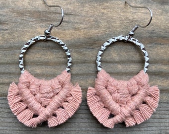 Blush Pink Fringe Earrings. Small Dusty Blush Pink Fringe Earrings. Blush Pink Macrame Earrings. Small Pink Statement Earrings.