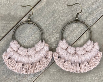 Nude Macrame Earrings. Nude Fringe Earrings.  Knotted Fringe Earrings. Boho Fashion. Boho Earrings.