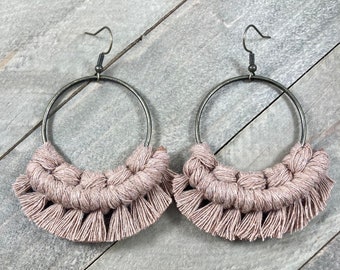 Light Brown Macrame Earrings. Mocha Fringe Earrings. Large Mocha Earrings. Knotted Fringe Earrings. Macramé Statement Earrings.