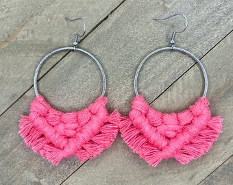 Pink Fringe Earrings. Watermelon Pink Macrame Fringe Earrings. Pink Fringe Hoop Earrings. Statement Earrings.