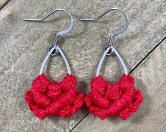 Micro Macrame Red Teardrop Fringe Earrings. Mini Red Fringe Earrings. Small Red Earrings. Mini Red Statement Earrings.