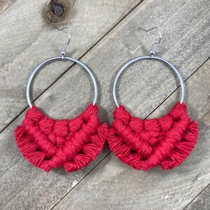 Red Fringe Earrings. Bright Red Macrame Fringe Earrings. Red Fringe Hoop Earrings. Statement Earrings.
