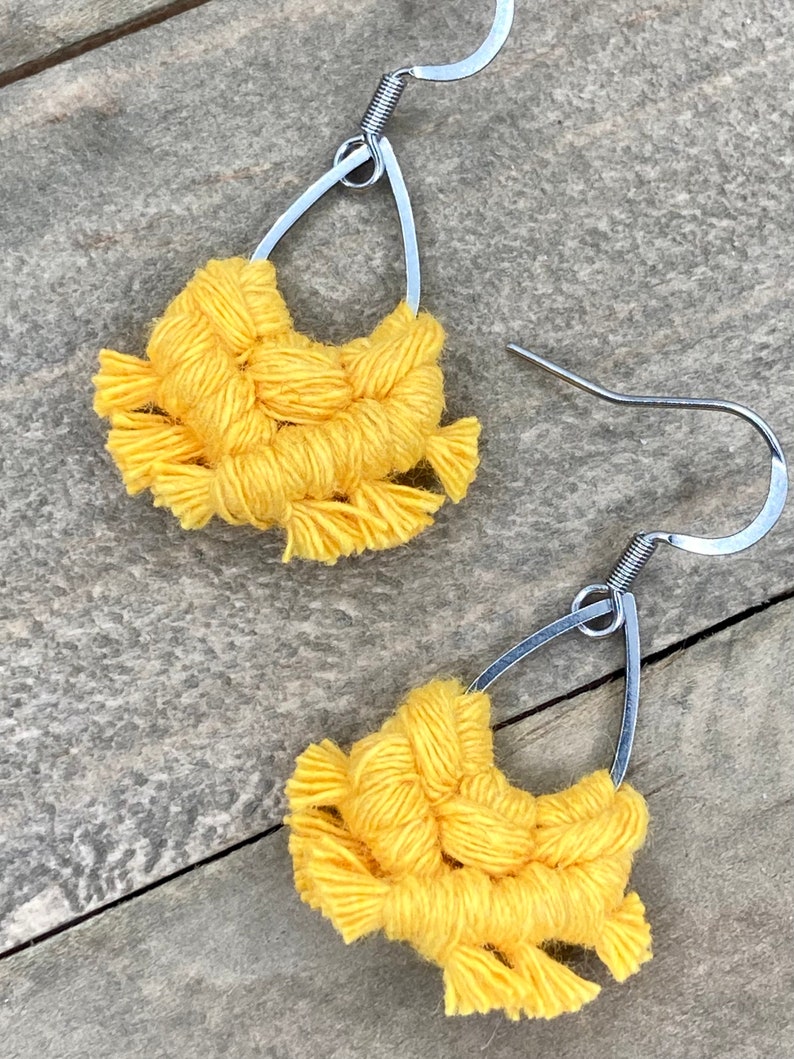 Mini Macrame Bright Yellow Teardrop Fringe Earrings. Mini Yellow Fringe Earrings. Small Yellow Earrings. Mini Yellow Statement Earrings. image 3