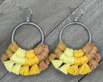 Yellow Macrame Earrings. Multicolored Fringe Earrings. Knotted Fringe Earrings. Large Statement Earrings.