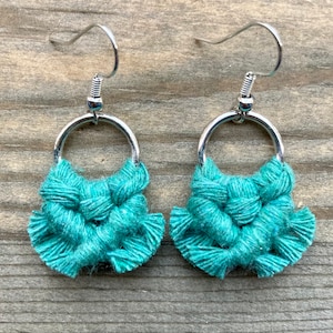 Micro Macrame Fringe Earrings. Mini Teal Fringe Earrings. Small Teal Macrame Earrings. Boho Fashion. Statement Earrings. image 1