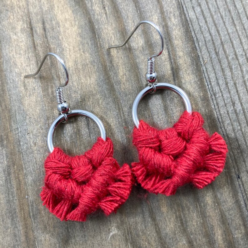 Micro Macrame Fringe Earrings. Mini Red Fringe Earrings. Small Red Macrame Earrings. Boho Fashion. Statement Earrings. image 2