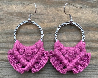 Berry Pink Fringe Earrings. Small Pink Fringe Earrings. Bright Pink Macrame Earrings. Small Pink Statement Earrings.