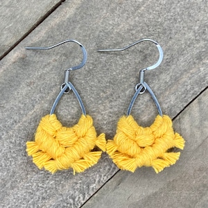 Mini Macrame Bright Yellow Teardrop Fringe Earrings. Mini Yellow Fringe Earrings. Small Yellow Earrings. Mini Yellow Statement Earrings. image 1