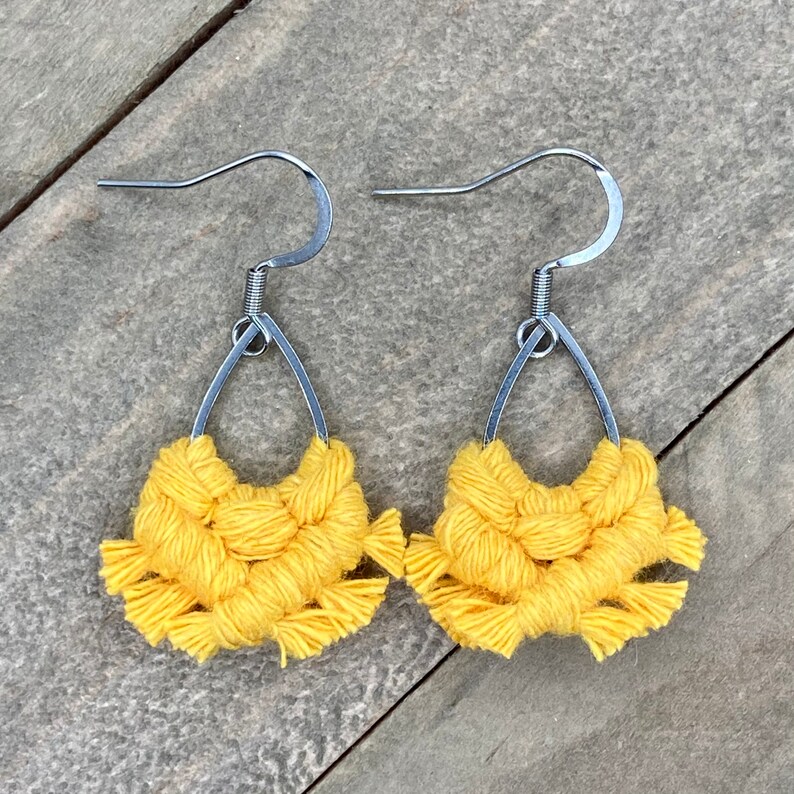 Mini Macrame Bright Yellow Teardrop Fringe Earrings. Mini Yellow Fringe Earrings. Small Yellow Earrings. Mini Yellow Statement Earrings. image 1