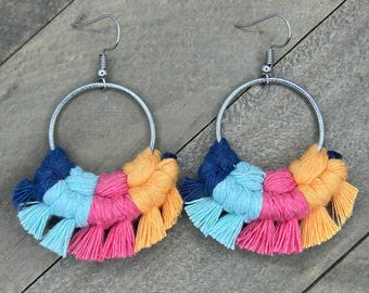 Hand Knotted Macrame Fringe Earrings: Multicolored Statement Jewelry