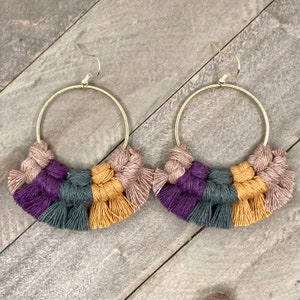Fall Macrame Earrings. Multicolored Fringe Earrings. Knotted Fringe Earrings. Large Statement Earrings.