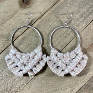 Neutral Macrame Fringe Hoop Earrings: Hand-Knotted Earrings, Statement Hoop Earrings