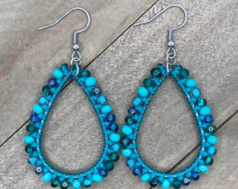 Teal Beaded Teardrop Earrings. Teal Hoop Earrings. Knotted Earrings. Statement Earrings.