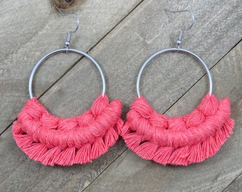 Watermelon Pink Macrame Earrings. Pink Fringe Earrings. Large Pink Earrings. Knotted Fringe Earrings. Pink Statement Earrings.
