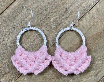 Baby Pink Fringe Earrings. Small Pink Fringe Earrings. Baby Pink Macrame Earrings. Small Pink Statement Earrings.