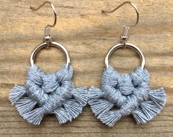 Micro Macrame Fringe Earrings. Mini Denim Fringe Earrings. Small Denim Macrame Earrings. Denim Boho Earrings. Small Statement Earrings.