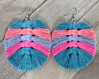 Pastel Feather Fringe Earrings. Summer Macrame Earrings. Knotted Fringe Earrings. Boho Feather Fringe Earrings.