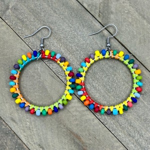 Rainbow Beaded Hoop Earrings: Czech Glass Seed Beads